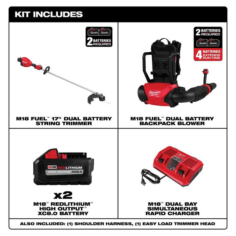 Milwaukee M18 FUEL 18V Brushless Cordless Dual Battery Backpack Blower w/Straight Shaft String Trimmer, (2) Battery, (1) Charger - 3009-20-3006-22