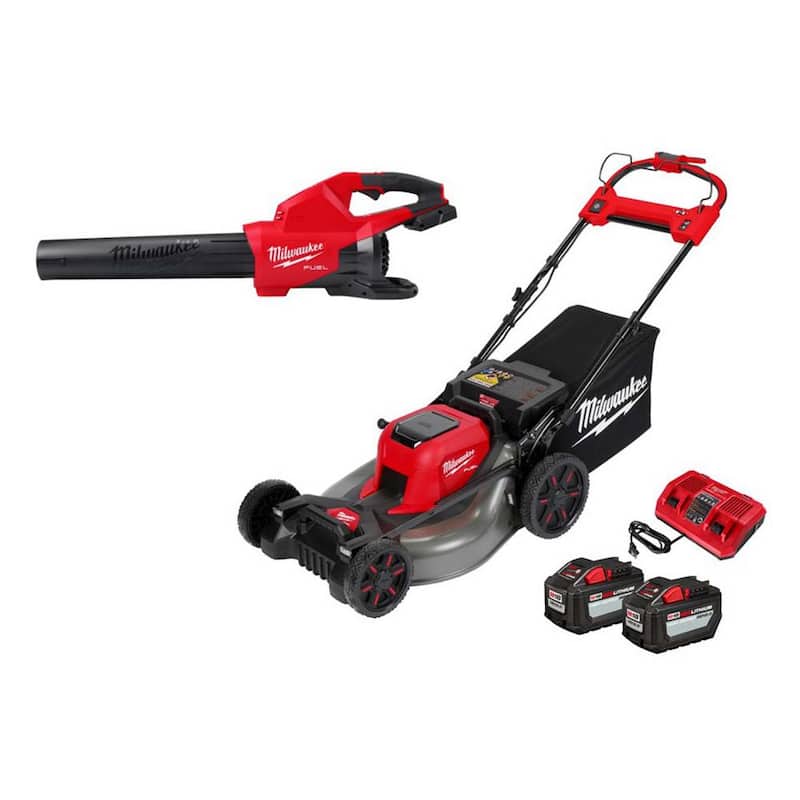 Milwaukee M18 FUEL Dual Battery 145 MPH 600 CFM 18V Lithium-Ion Brushless Cordless Blower w/M18 Mower, (2) 12.0Ah Battery/Charger - 2824-20-2823-22HD
