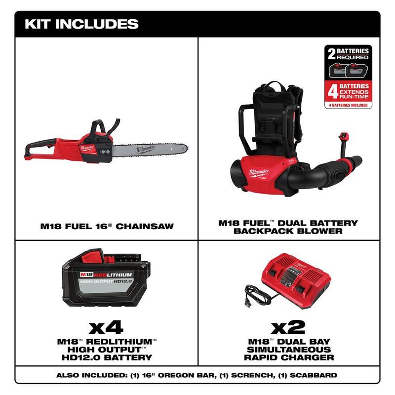 Milwaukee M18 FUEL 18V Brushless Cordless Dual Battery Backpack Blower Kit w/16 in. Chainsaw, (4) 12.0 Ah Batteries, 2 Chargers - 3009-24HD-2727-20
