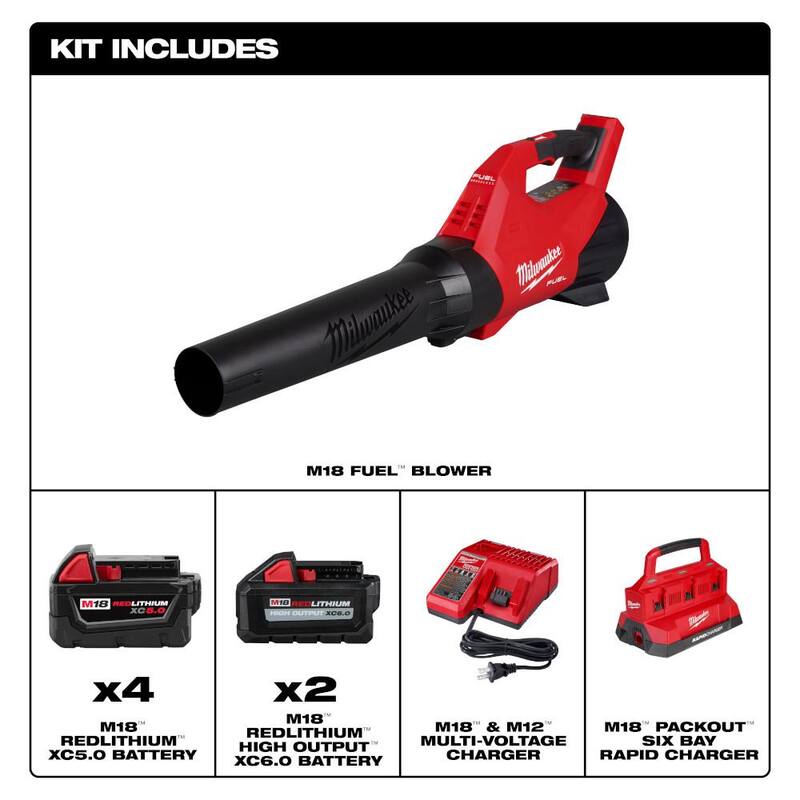 Milwaukee M18 fuel 120 MPH 500 CFM 18-Volt Brushless Cordless Handheld Blower with (2) 6.0 Ah and (4) 5.0 Ah Battery, (2) chargers - 3017-20-48-59-1852B-48-59-1865POC