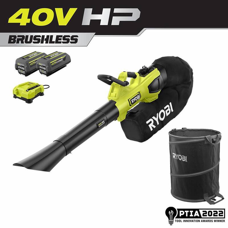 RYOBI 40V HP Brushless 100 MPH 600 CFM Cordless Leaf Blower/Mulcher/Vacuum w/ Lawn & Leaf Bag, (2) 4.0 Ah Batteries & Charger - RY404150-LB