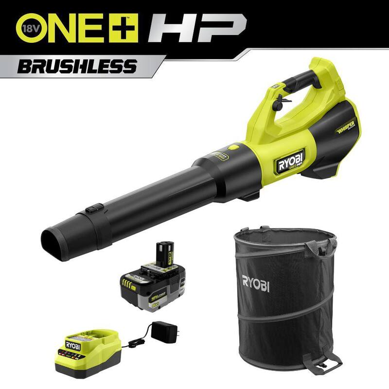 RYOBI ONE+ HP 18V Brushless Whisper Series 130 MPH 510 CFM Cordless Blower and Lawn & Leaf Bag w/6.0 Ah Battery & Charger - PBLLB01K-AC04313