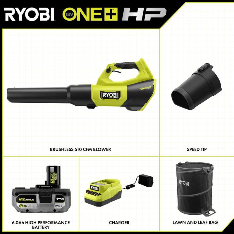 RYOBI ONE+ HP 18V Brushless Whisper Series 130 MPH 510 CFM Cordless Blower and Lawn & Leaf Bag w/6.0 Ah Battery & Charger - PBLLB01K-AC04313