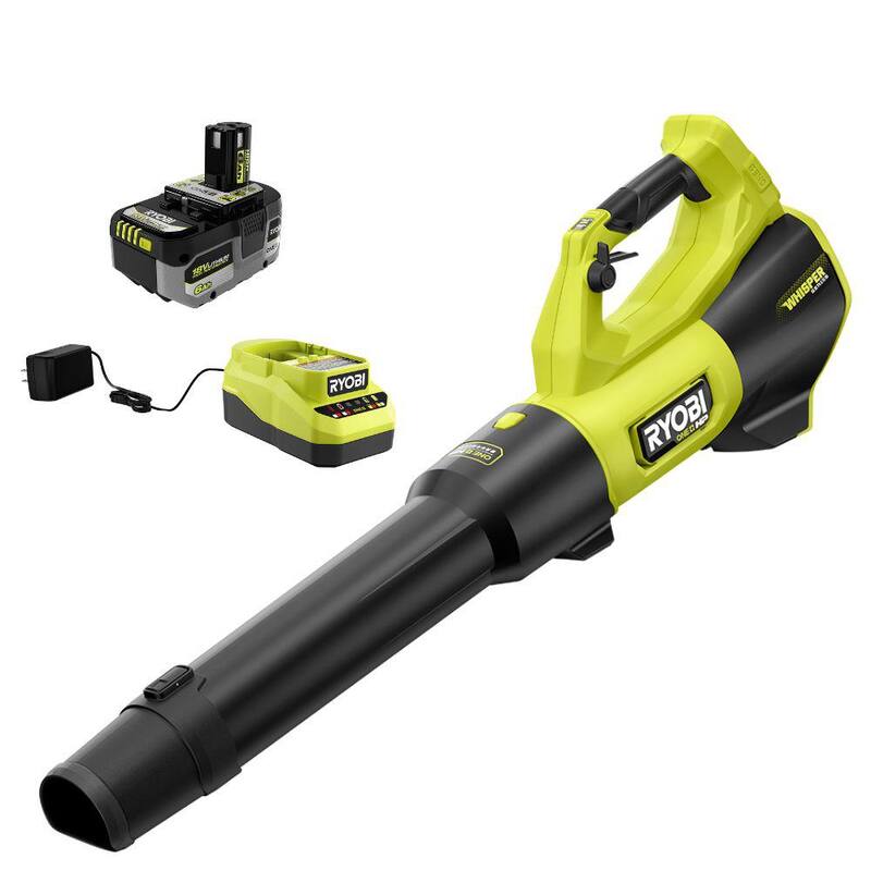RYOBI ONE+ HP 18V Brushless Whisper Series 130 MPH 510 CFM Cordless Blower and Lawn & Leaf Bag w/6.0 Ah Battery & Charger - PBLLB01K-AC04313