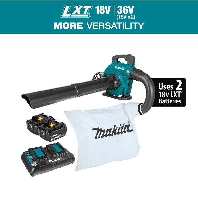 Makita 120 MPH 473 CFM LXT 18V X2 (36V) Lithium-Ion Brushless Cordless Leaf Blower Kit with Vacuum Attachment Kit (5.0 Ah) - XBU04PTV