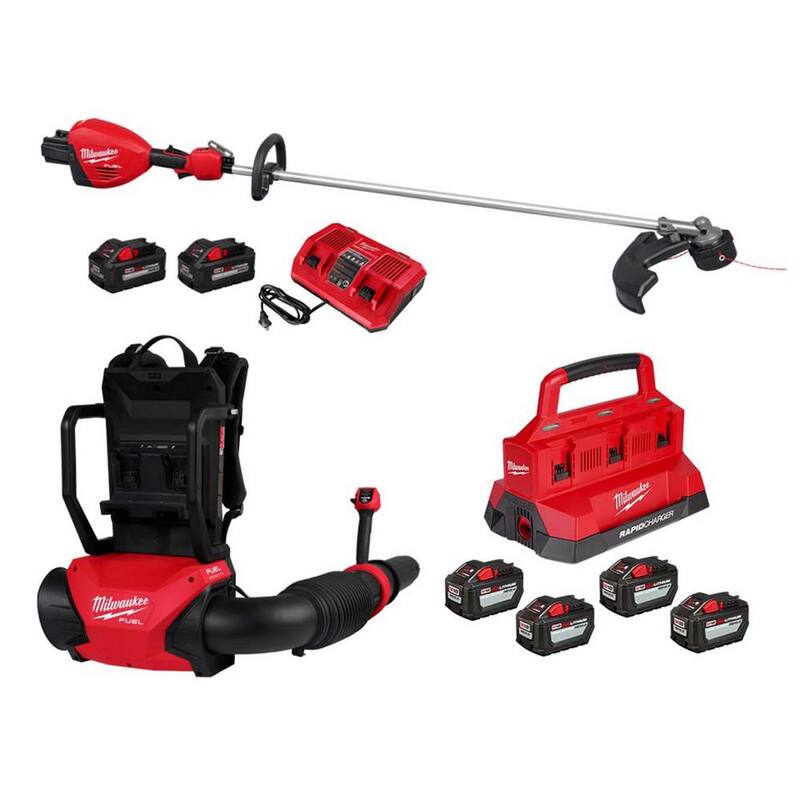 Milwaukee M18 FUEL 18V Brushless Cordless Dual Battery Backpack Blower w/Straight Shaft String Trimmer, 4 Battery, Packout Charger - 3009-20-3006-22-48-59-1844