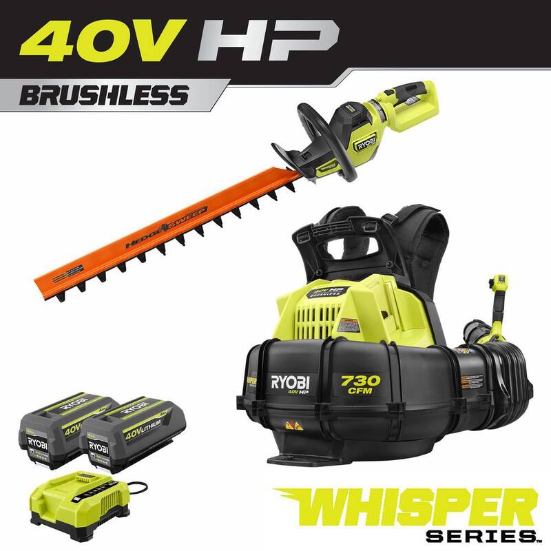 RYOBI 40V HP Brushless Whisper Series 165 MPH 730 CFM Backpack Blower & Hedge Trimmer w/ (2) 6.0 Ah Batteries & Charger - RY404170-HDG