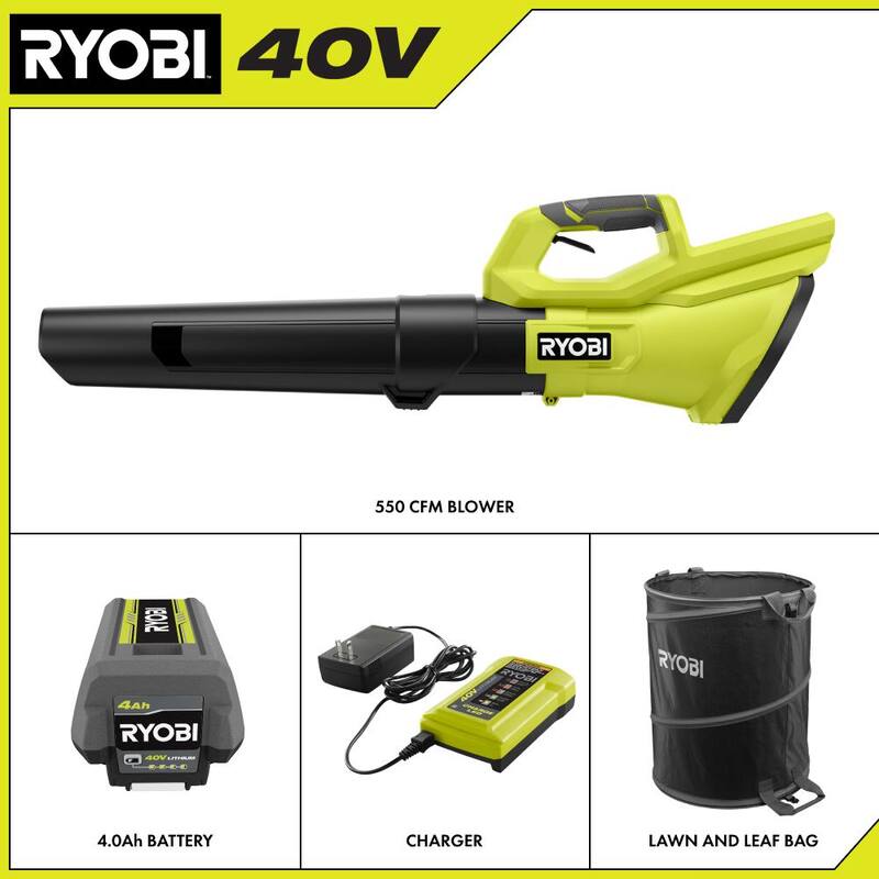 RYOBI 40V 120 MPH 550 CFM Cordless Battery Blower and Lawn and leaf bag with 4.0 Ah Battery and Charger - RY40LB01K-AC04313