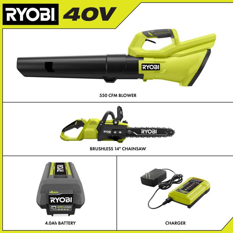 RYOBI 40V 120 MPH 550 CFM Cordless Battery Blower and 14 in. Chainsaw with 4.0 Ah Battery and Charger - RY40LB01K-RY405010BTL