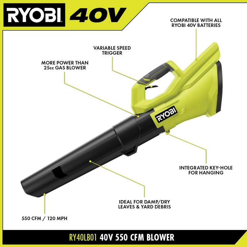 RYOBI 40V 120 MPH 550 CFM Cordless Battery Blower and 14 in. Chainsaw with 4.0 Ah Battery and Charger - RY40LB01K-RY405010BTL