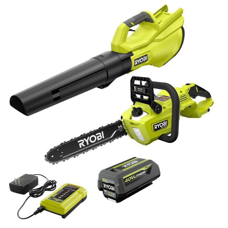 RYOBI 40V 120 MPH 550 CFM Cordless Battery Blower and 14 in. Chainsaw with 4.0 Ah Battery and Charger - RY40LB01K-RY405010BTL