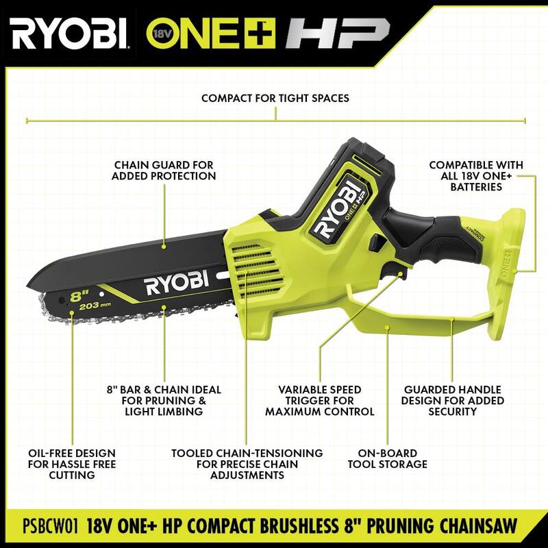 RYOBI ONE+ HP 18V Brushless 220 CFM 140 MPH Blower & 18V Brushless 8 in. Battery Compact Chainsaw w/4.0 Ah Battery & Charger - PSBLB01K-PSBCW01B