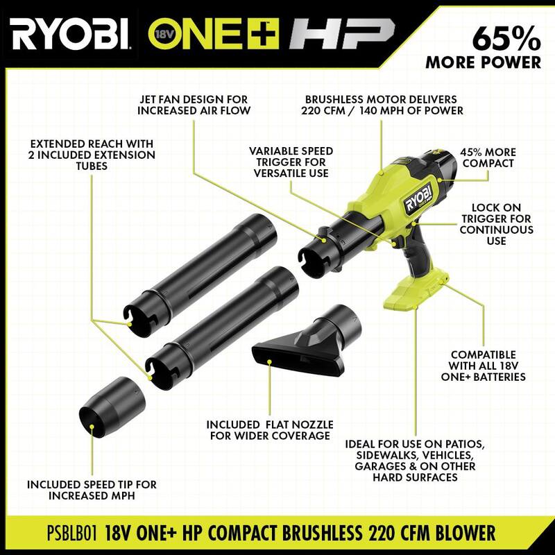 RYOBI ONE+ HP 18V Brushless 220 CFM 140 MPH Blower & 18V Brushless 8 in. Battery Compact Chainsaw w/4.0 Ah Battery & Charger - PSBLB01K-PSBCW01B