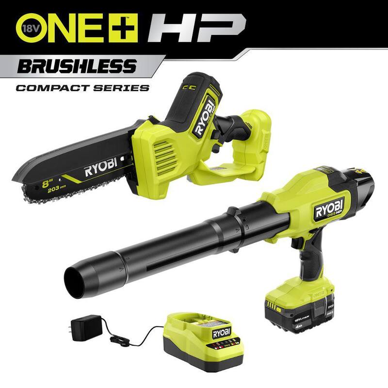 RYOBI ONE+ HP 18V Brushless 220 CFM 140 MPH Blower & 18V Brushless 8 in. Battery Compact Chainsaw w/4.0 Ah Battery & Charger - PSBLB01K-PSBCW01B