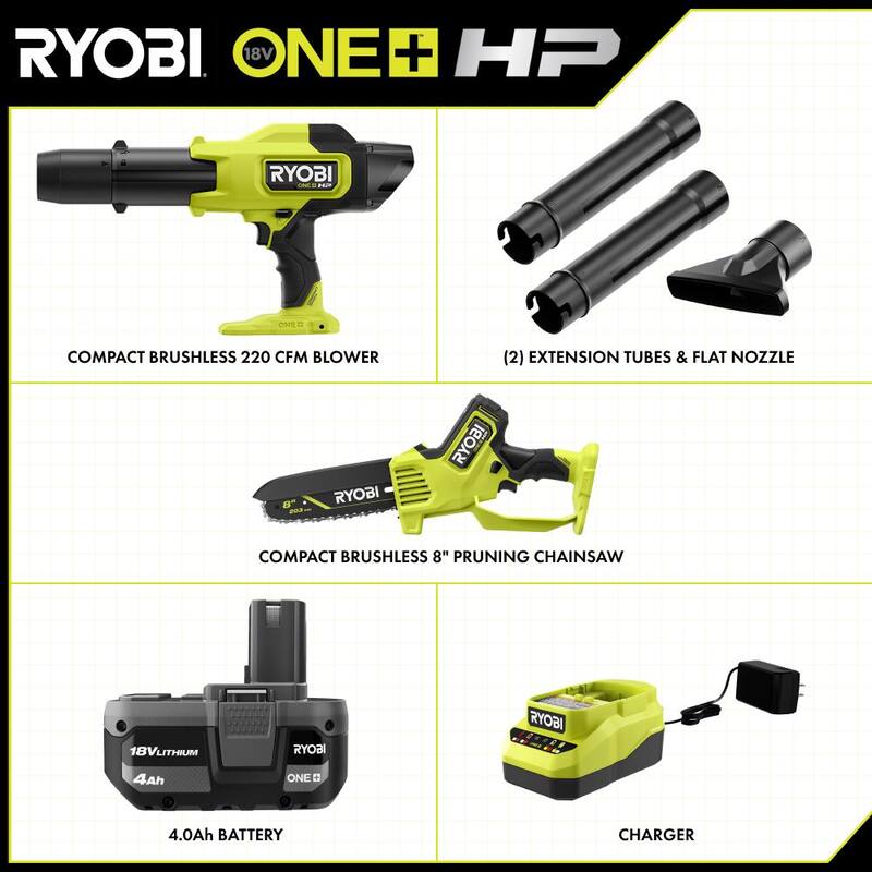 RYOBI ONE+ HP 18V Brushless 220 CFM 140 MPH Blower & 18V Brushless 8 in. Battery Compact Chainsaw w/4.0 Ah Battery & Charger - PSBLB01K-PSBCW01B