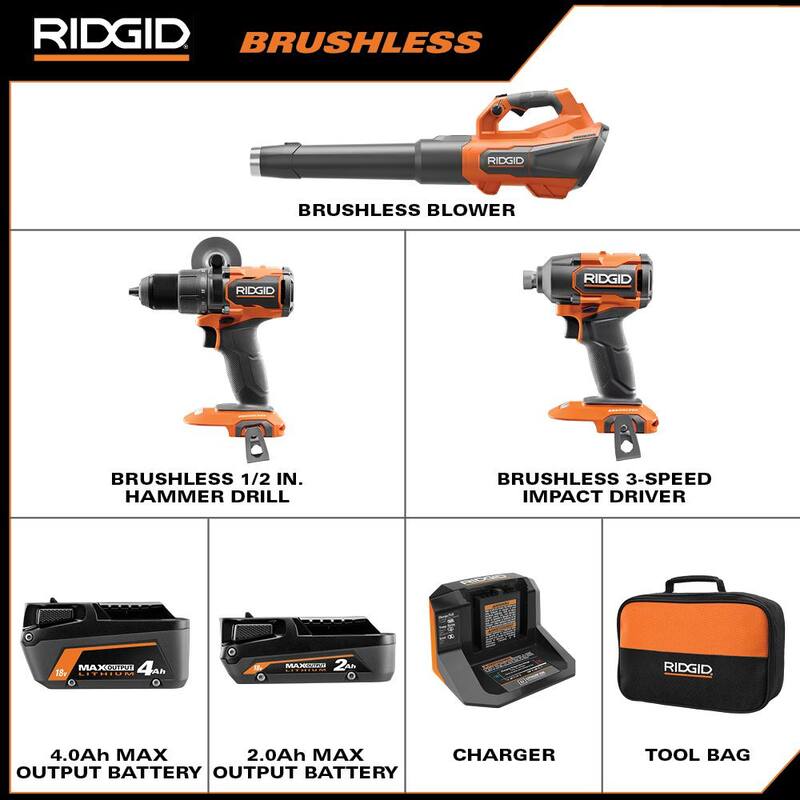 RIDGID 18V Brushless Cordless 510 CFM 110 MPH Blower with 2-Tool Combo Kit, (2) Batteries and Charger - R01601B-R9209