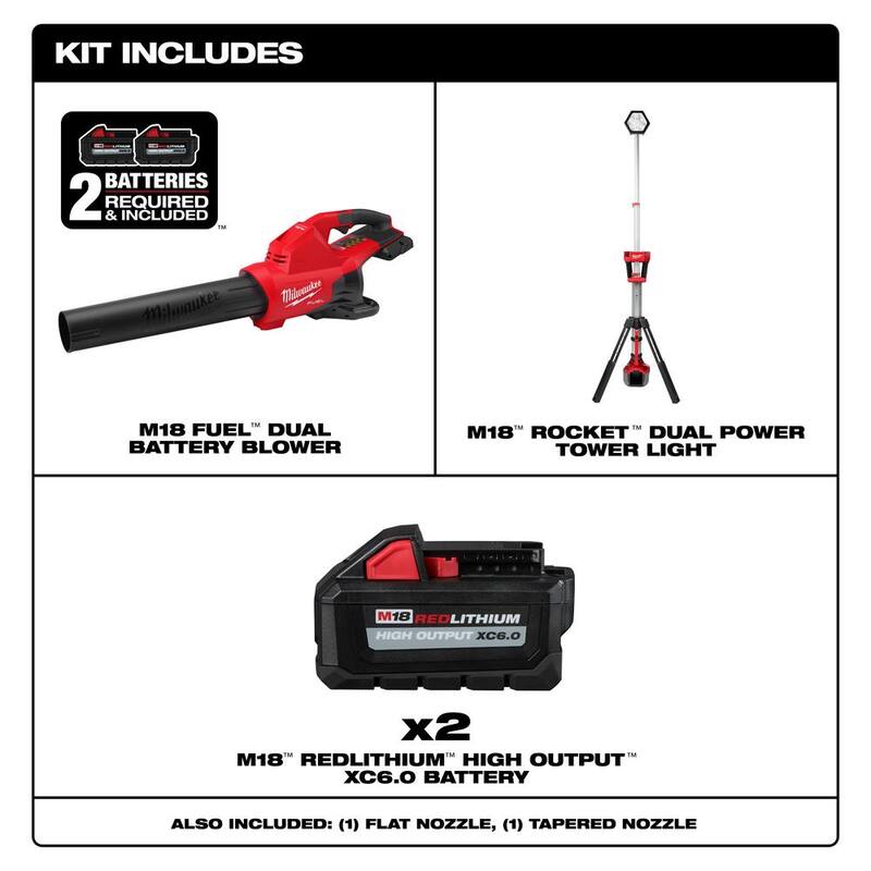 Milwaukee M18 FUEL Dual Battery 145 MPH 600 CFM 18V Brushless Cordless Blower w/Rocket Dual Power Tower Light, (2) 6.0 Ah Battery - 2824-20-2131-20-48-11-1862