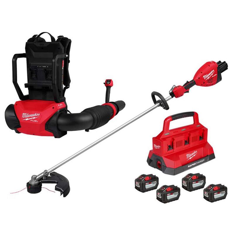 Milwaukee M18 FUEL 18V Brushless Cordless Dual Battery Backpack Blower & String Trimmer w/(4) 12.0 Ah Battery, PACKOUT Charger - 3009-20-3006-20-48-59-1844