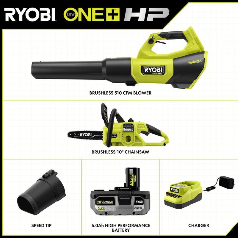 RYOBI ONE+ HP 18V Brushless Whisper Series 130 MPH 510 CFM Cordless Leaf Blower & 10 in. Chainsaw w/6.0 Ah Battery & Charger - PBLLB01K-P2502BTL