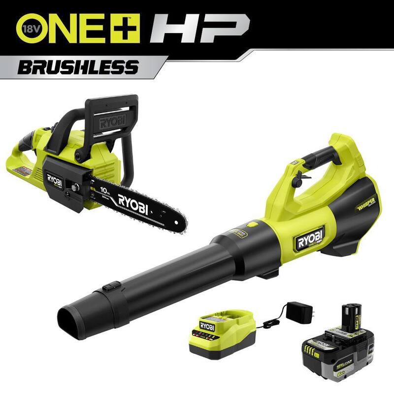 RYOBI ONE+ HP 18V Brushless Whisper Series 130 MPH 510 CFM Cordless Leaf Blower & 10 in. Chainsaw w/6.0 Ah Battery & Charger - PBLLB01K-P2502BTL