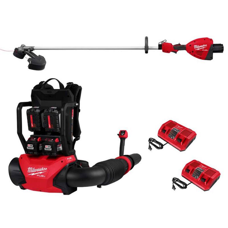 Milwaukee M18 FUEL 18V Brushless Cordless Dual Battery Backpack Blower w/Straight Shaft String Trimmer, 4 Battery, 2 Charger - 3009-24HD-3006-20