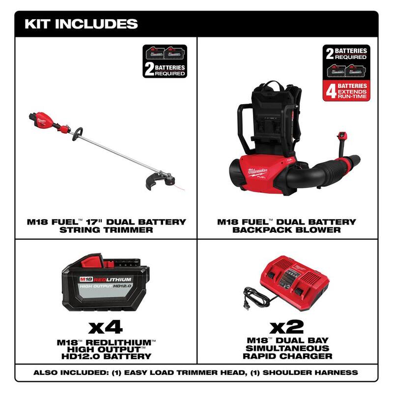 Milwaukee M18 FUEL 18V Brushless Cordless Dual Battery Backpack Blower w/Straight Shaft String Trimmer, 4 Battery, 2 Charger - 3009-24HD-3006-20