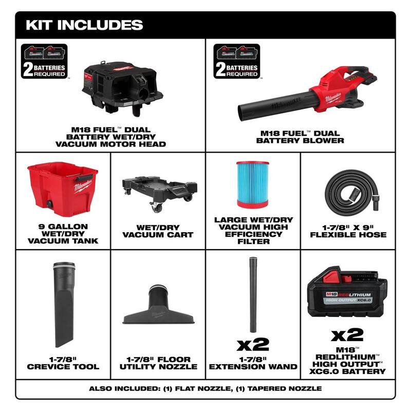 Milwaukee M18 FUEL Dual Battery 145 MPH 600 CFM 18V Cordless Blower w/9 Gal. Cordless Wet/Dry Shop Vacuum, (2) 6.0 Ah Batteries - 2824-20-0920-20-48-11-1862