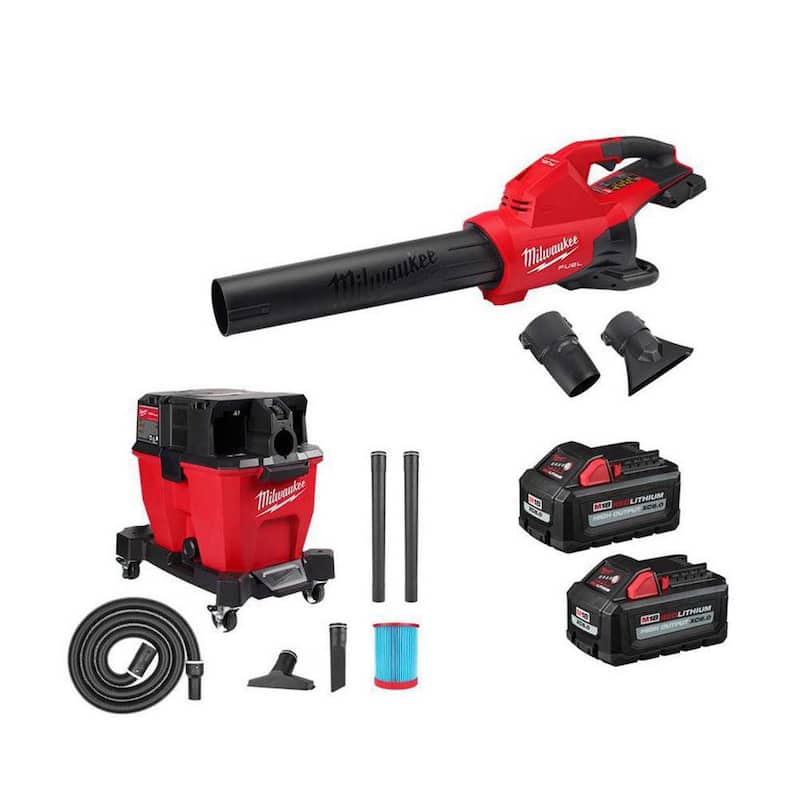 Milwaukee M18 FUEL Dual Battery 145 MPH 600 CFM 18V Cordless Blower w/9 Gal. Cordless Wet/Dry Shop Vacuum, (2) 6.0 Ah Batteries - 2824-20-0920-20-48-11-1862