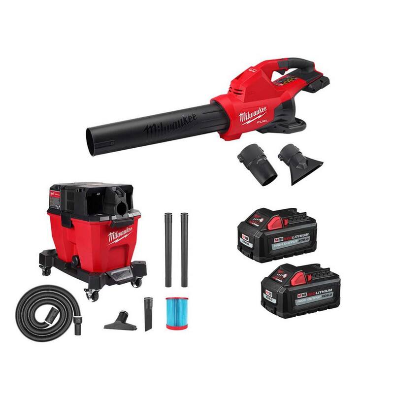 Milwaukee M18 FUEL Dual Battery 145 MPH 600 CFM 18V Cordless Blower w/9 Gal. Cordless Wet/Dry Shop Vacuum, (2) 6.0 Ah Batteries - 2824-20-0920-20-48-11-1862
