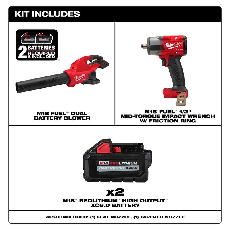 Milwaukee M18 FUEL Dual Battery 145 MPH 600 CFM 18V Blower w/Mid Torque 1/2 in. Impact Wrench w/Friction Ring, (2) 6.0 Ah Battery - 2824-20-2962-20-48-11-1862