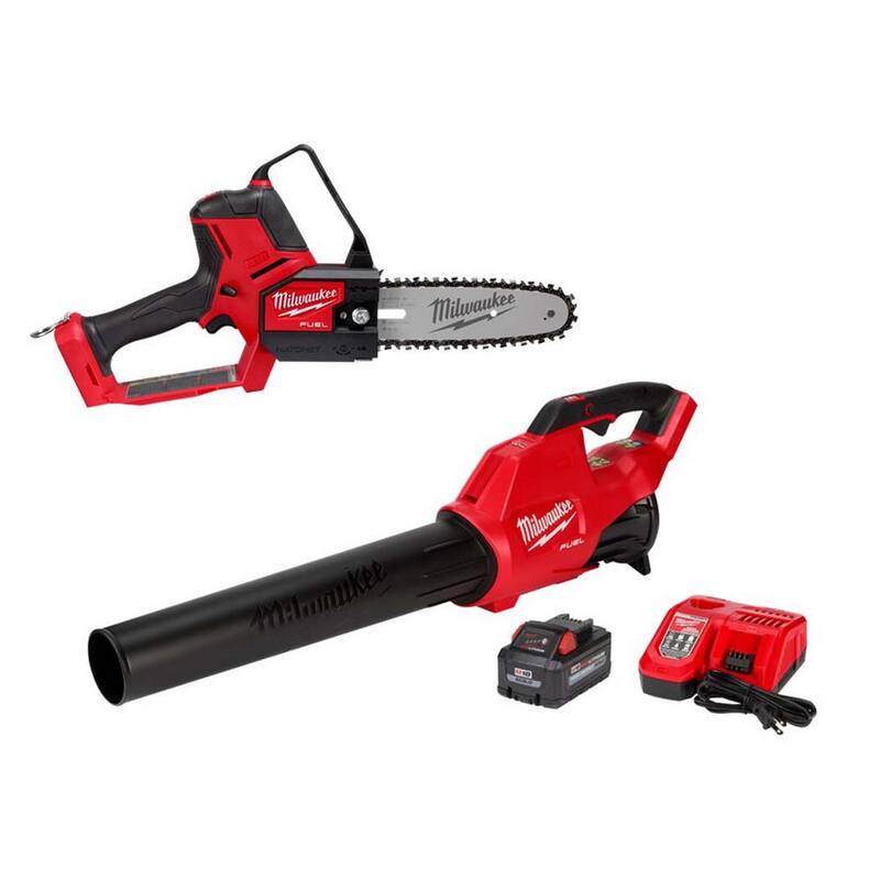 Milwaukee M18 FUEL 120 MPH 450 CFM 18V Lithium-Ion Brushless Cordless Blower w/M18 HATCHET Pruning Saw, 8.0 Ah Battery, Charger - 2724-21HD-3004-20