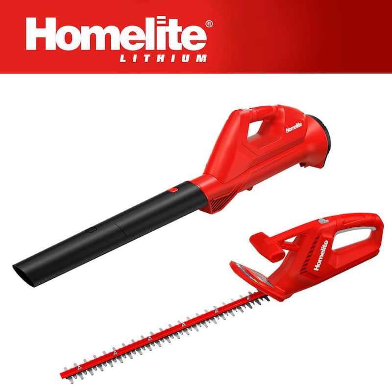 Homelite 12V Lithium 90 MPH 160 CFM Cordless Blower and Cordless Hedge Trimmer with 2.5 Ah Internal Batteries and 2 Chargers - HOMBL10-HDG