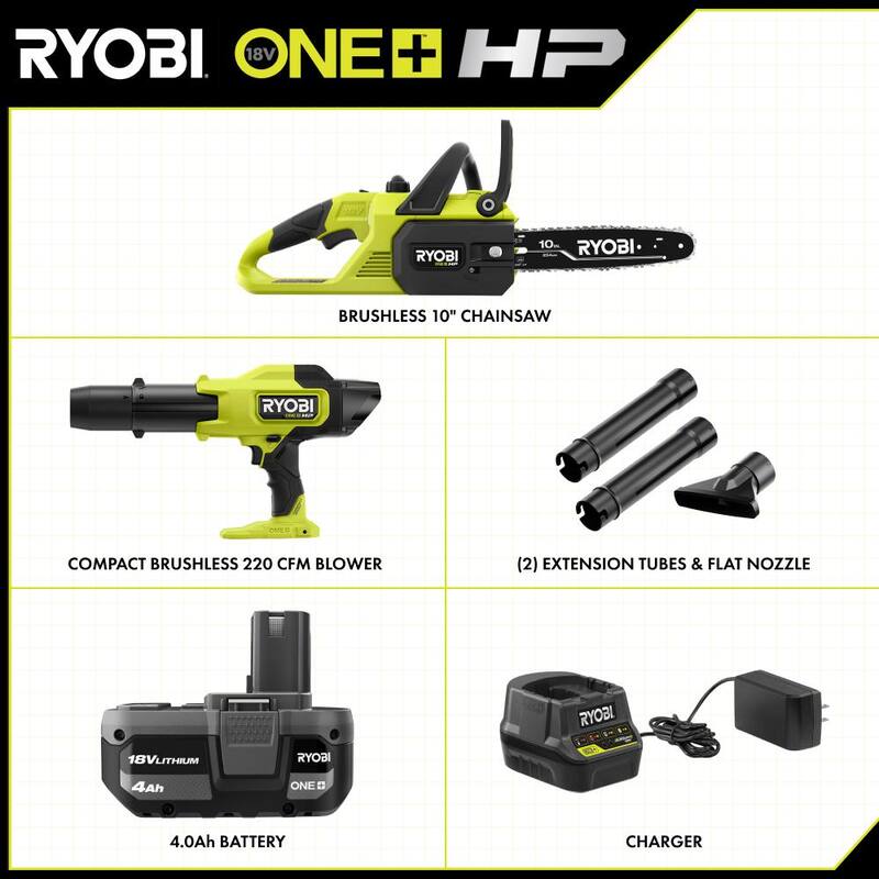 RYOBI ONE+ HP 18V Brushless Cordless 220 CFM 140 MPH Compact Blower and 10 inch chainsaw with 4.0 Ah Battery & Charger - P2520-PSBLB01B
