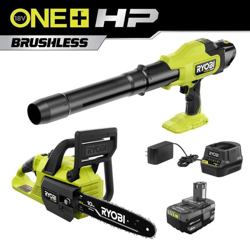 RYOBI ONE+ HP 18V Brushless Cordless 220 CFM 140 MPH Compact Blower and 10 inch chainsaw with 4.0 Ah Battery & Charger - P2520-PSBLB01B