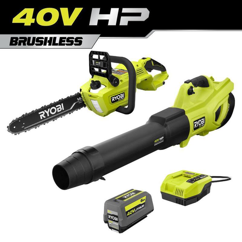 RYOBI 40V HP Brushless Whisper Series 160 MPH 650 CFM Cordless Battery Blower & 14 inch Chainsaw w/ 6.0 Ah Battery & Charger - RY404140-RY405010BTL