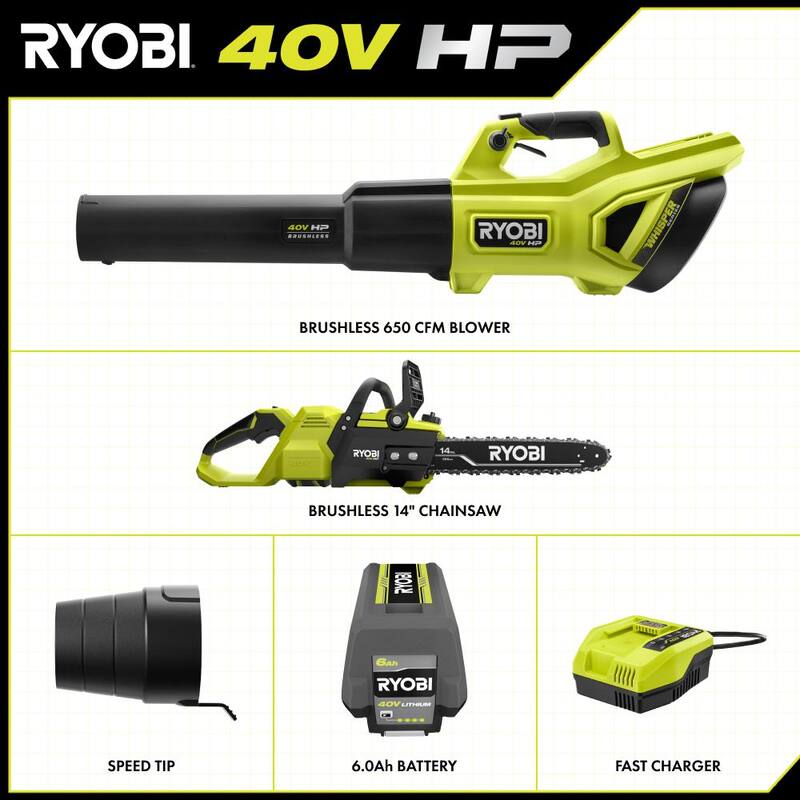 RYOBI 40V HP Brushless Whisper Series 160 MPH 650 CFM Cordless Battery Blower & 14 inch Chainsaw w/ 6.0 Ah Battery & Charger - RY404140-RY405010BTL