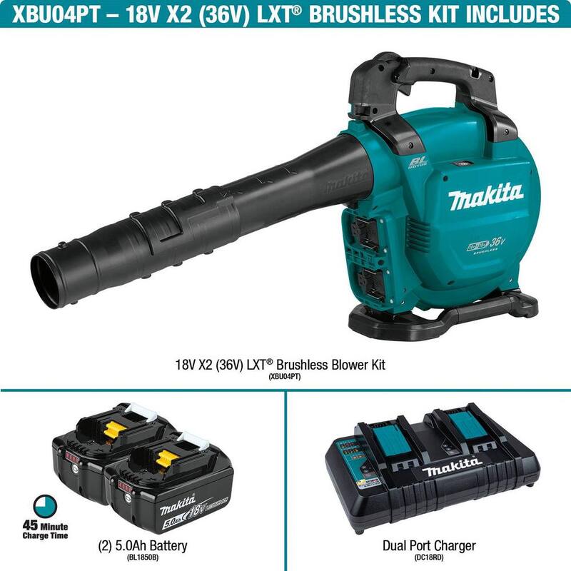 Makita 120 MPH 473 CFM LXT 18V X2 (36V) Li-Ion Brushless Leaf Blower Kit (5.0 Ah) with LXT 18V Battery Pack 5.0 Ah (2-Pk) - XBU04PT-BL18502