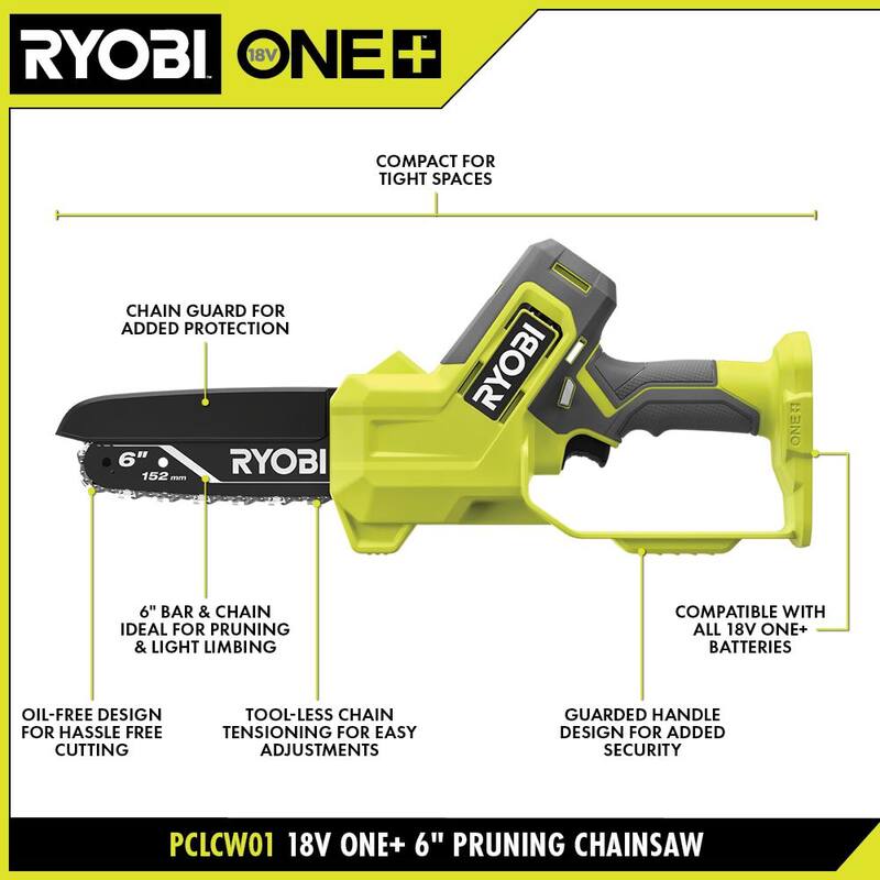 RYOBI ONE+ 18V 100 MPH 350 CFM Cordless Variable Speed Jet Fan Blower, Pruning saw, Extra Chain with 4.0 Ah Battery & Charger - PCLLB01K-PCLCW01B-A48CW02