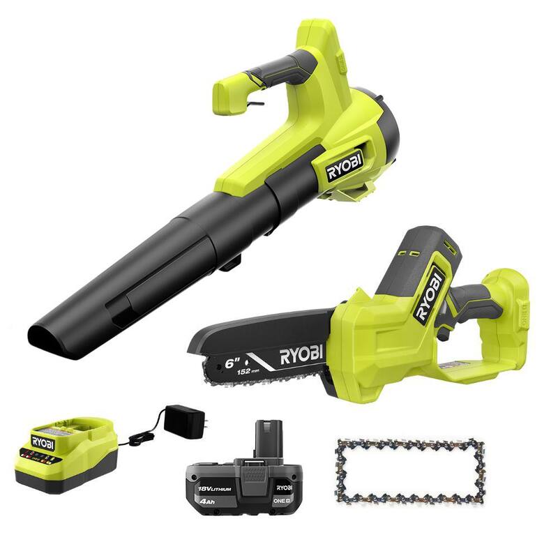 RYOBI ONE+ 18V 100 MPH 350 CFM Cordless Variable Speed Jet Fan Blower, Pruning saw, Extra Chain with 4.0 Ah Battery & Charger - PCLLB01K-PCLCW01B-A48CW02