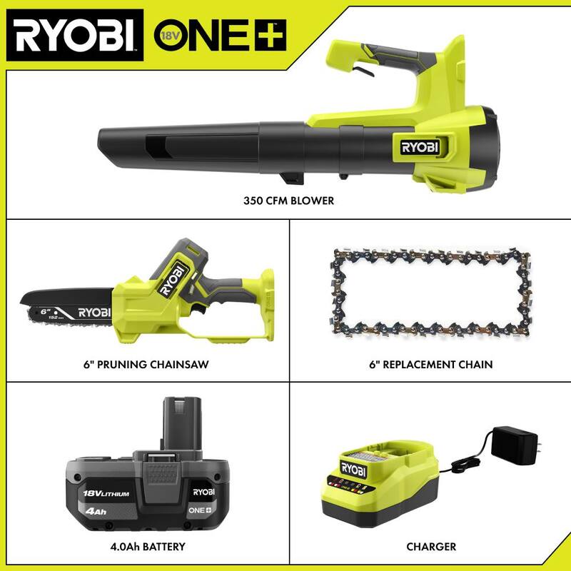 RYOBI ONE+ 18V 100 MPH 350 CFM Cordless Variable Speed Jet Fan Blower, Pruning saw, Extra Chain with 4.0 Ah Battery & Charger - PCLLB01K-PCLCW01B-A48CW02