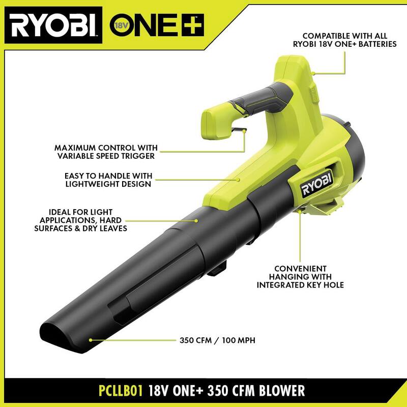 RYOBI ONE+ 18V 100 MPH 350 CFM Cordless Variable Speed Jet Fan Blower, Pruning saw, Extra Chain with 4.0 Ah Battery & Charger - PCLLB01K-PCLCW01B-A48CW02