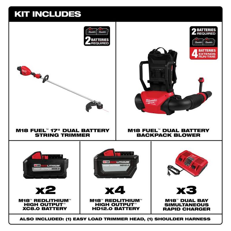 Milwaukee M18 FUEL 18V Brushless Cordless Dual Battery Backpack Blower w/Straight Shaft String Trimmer, (6) Battery, (3) Charger - 3009-24HD-3006-22
