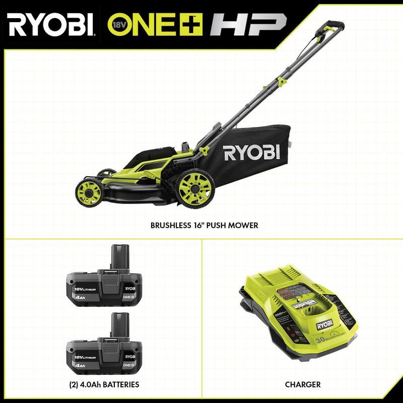RYOBI ONE+ HP 18V Brushless 16 in. Cordless Battery Walk Behind Push Lawn Mower with (2) 4.0 Ah Batteries and (1) Charger - P1190