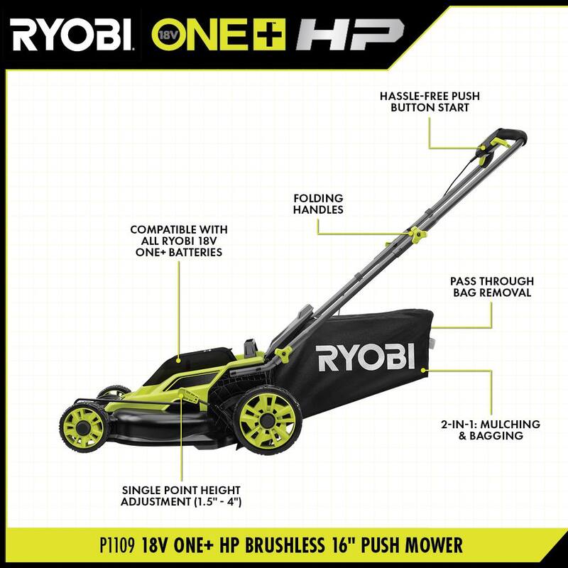 RYOBI ONE+ HP 18V Brushless 16 in. Cordless Battery Walk Behind Push Lawn Mower with (2) 4.0 Ah Batteries and (1) Charger - P1190