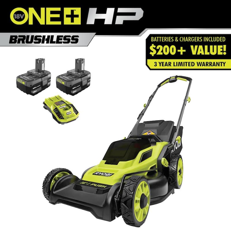 RYOBI ONE+ HP 18V Brushless 16 in. Cordless Battery Walk Behind Push Lawn Mower with (2) 4.0 Ah Batteries and (1) Charger - P1190