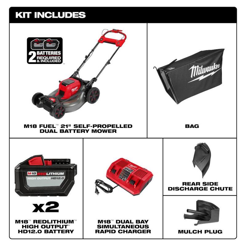 Milwaukee M18 FUEL Brushless Cordless 21 in. Walk Behind Dual Battery Self-Propelled Mower w/(2) 12.0Ah Battery and Rapid Charger - 2823-22HD