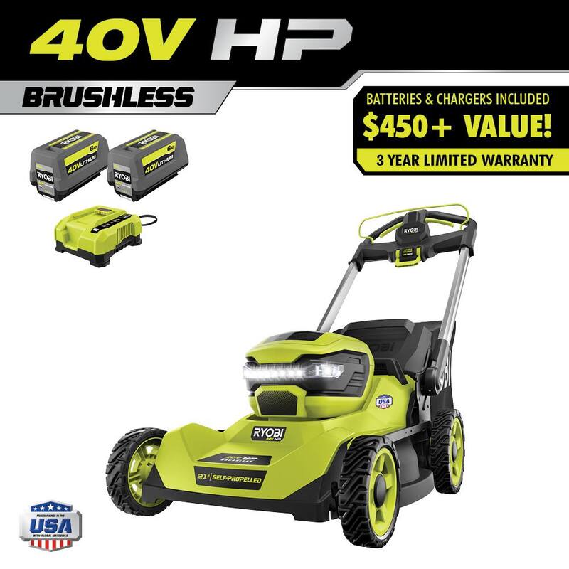 RYOBI 40V HP Brushless 21 in. Cordless Battery Walk Behind Self-Propelled Lawn Mower with (2) 6.0 Ah Batteries and Charger - RY401140