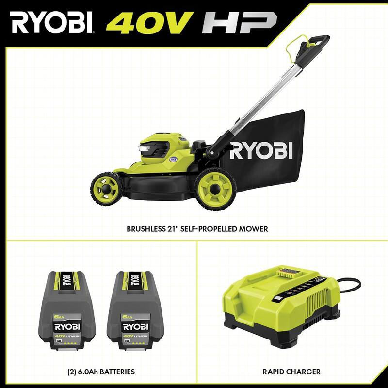 RYOBI 40V HP Brushless 21 in. Cordless Battery Walk Behind Self-Propelled Lawn Mower with (2) 6.0 Ah Batteries and Charger - RY401140