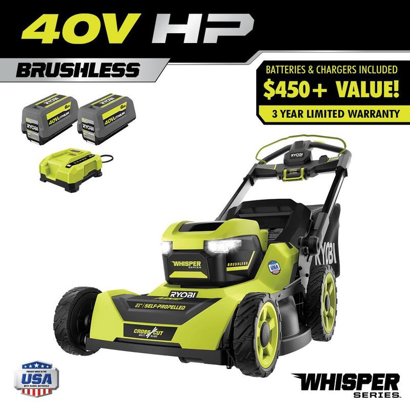 RYOBI 40V HP Brushless Whisper Series 21. in Walk Behind Self-Propelled All Wheel Drive Mower - (2) 6.0 Ah Batteries & Charger - RY401210