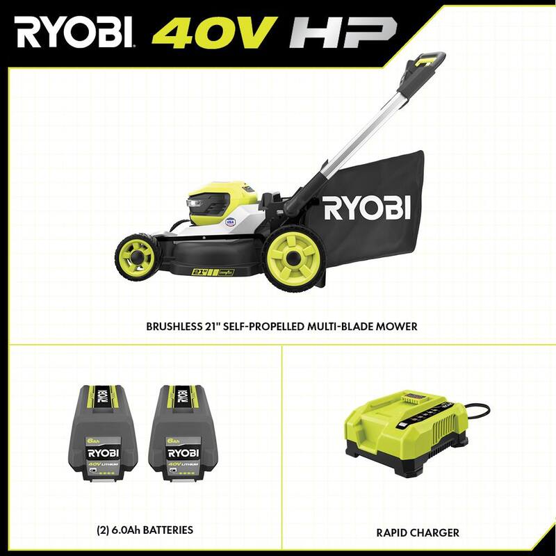 RYOBI 40V HP Brushless 21 in. Cordless Battery Walk Behind Multi-Blade Self-Propelled Mower - (2) 6.0 Ah Batteries & Charger - RY401150
